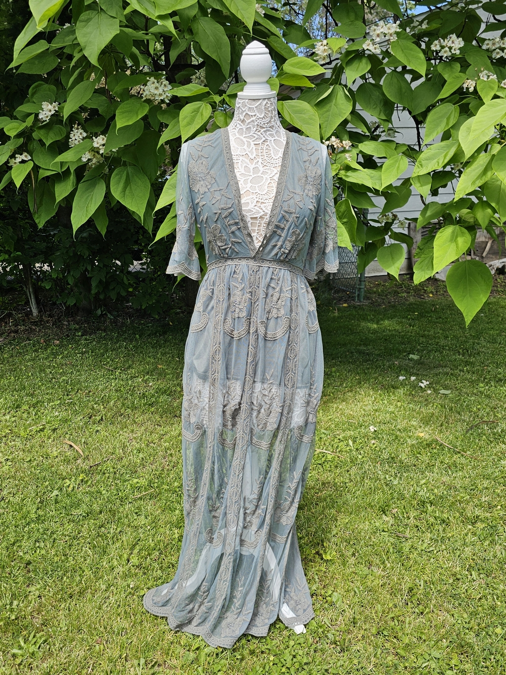 Sheer Embroidered Maxi Dress in Sage Green